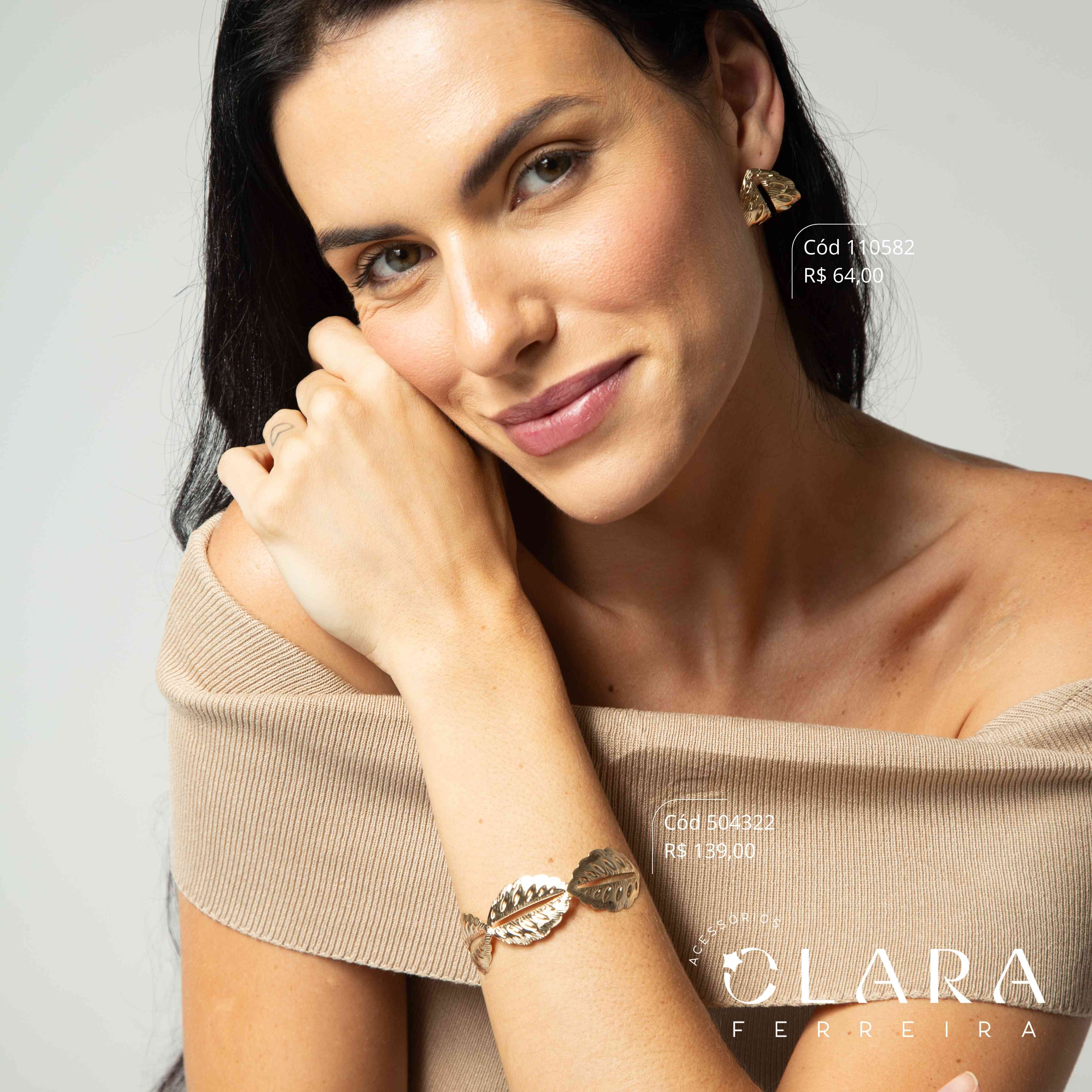 PULSEIRA BRACELETE RÍGIDO FOLHAS RAIADAS VAZADAS – LINHA ORGÂNICOS - Dourado