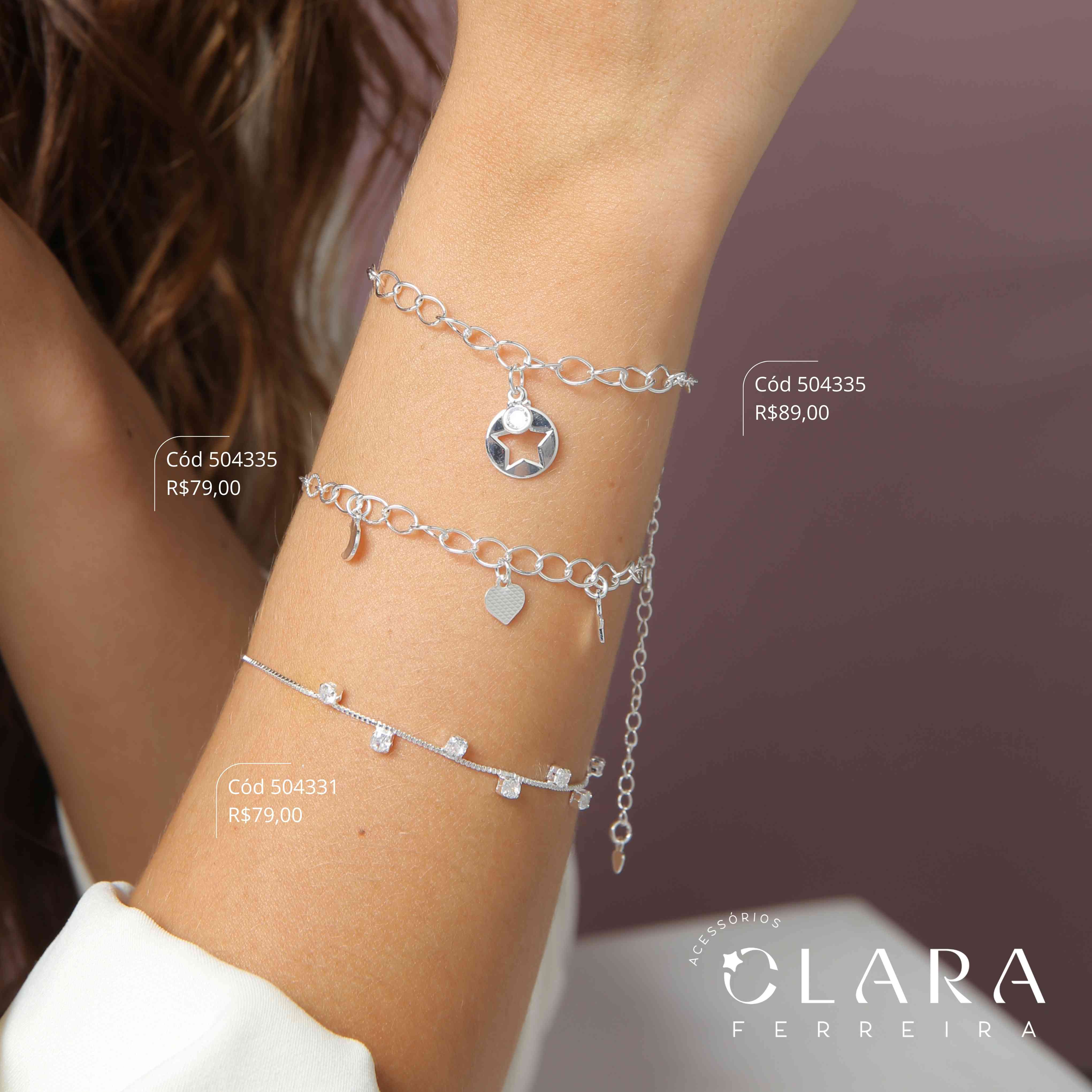 PULSEIRA ELOS JATEADOS C/ 1 ESTRELA 6MM, 1 CORAÇÃO 6MM E 1 LUA 6MM PENDURADOS - 17CM - Banho de Prata