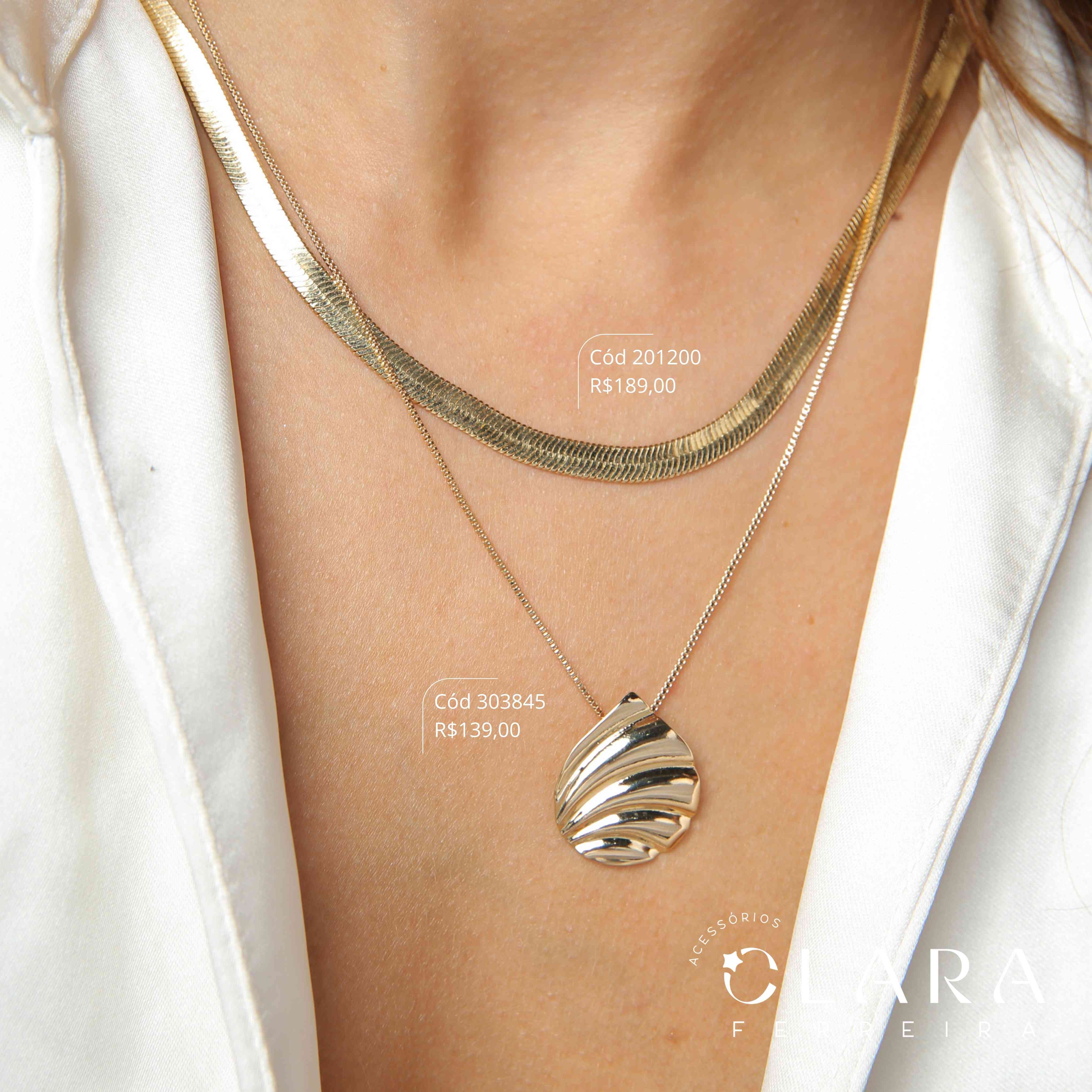 COLAR VENEZIANA C/ PINGENTE FOLHA ONDULADA LISA – LINHA ORGÂNICOS - 23MM - 45CM - Dourado