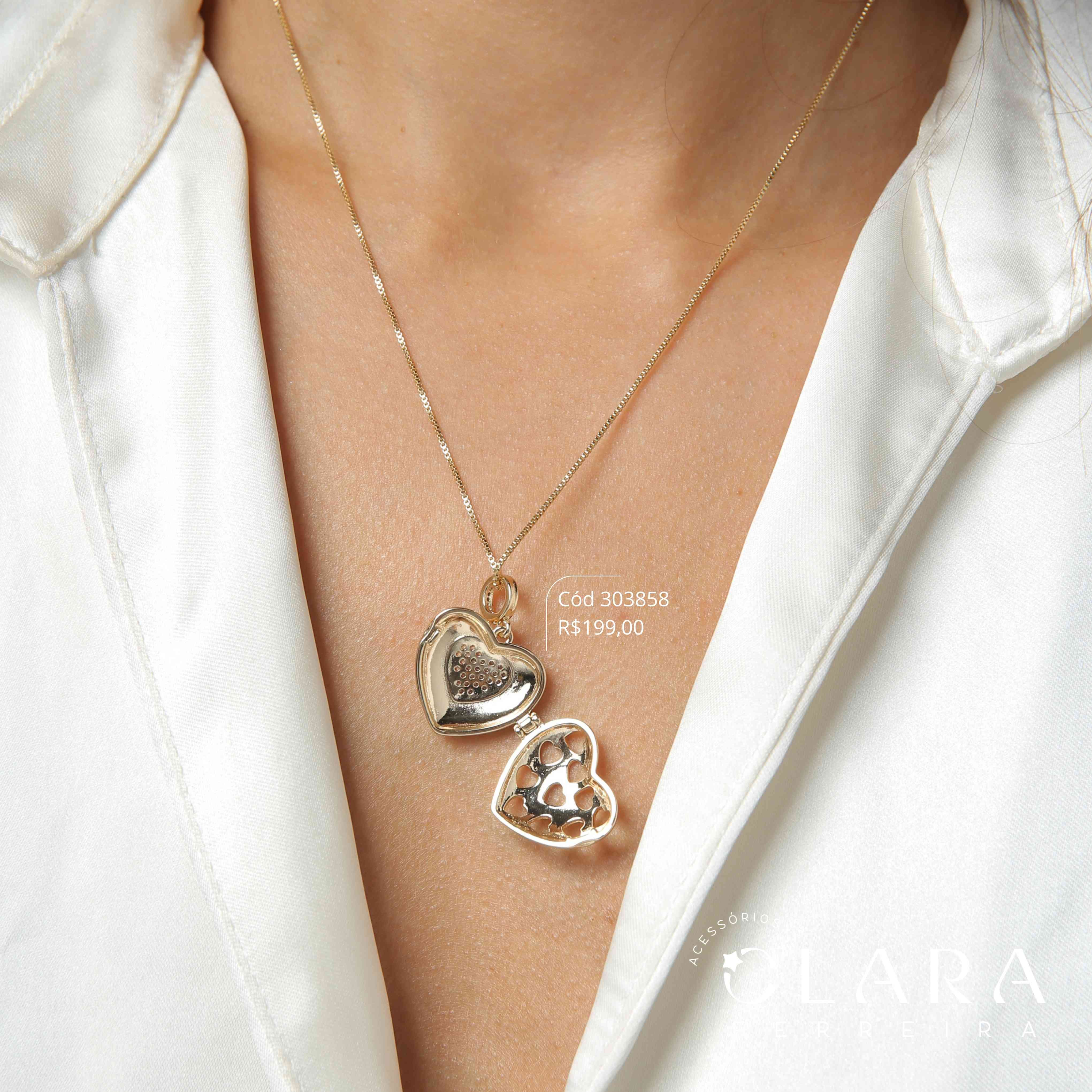 COLAR VENEZIANA C/ PINGENTE RELICÁRIO CORAÇÃO CORAÇÃO MICROZIRCÔNIAS - 20MM - 45CM - Dourado