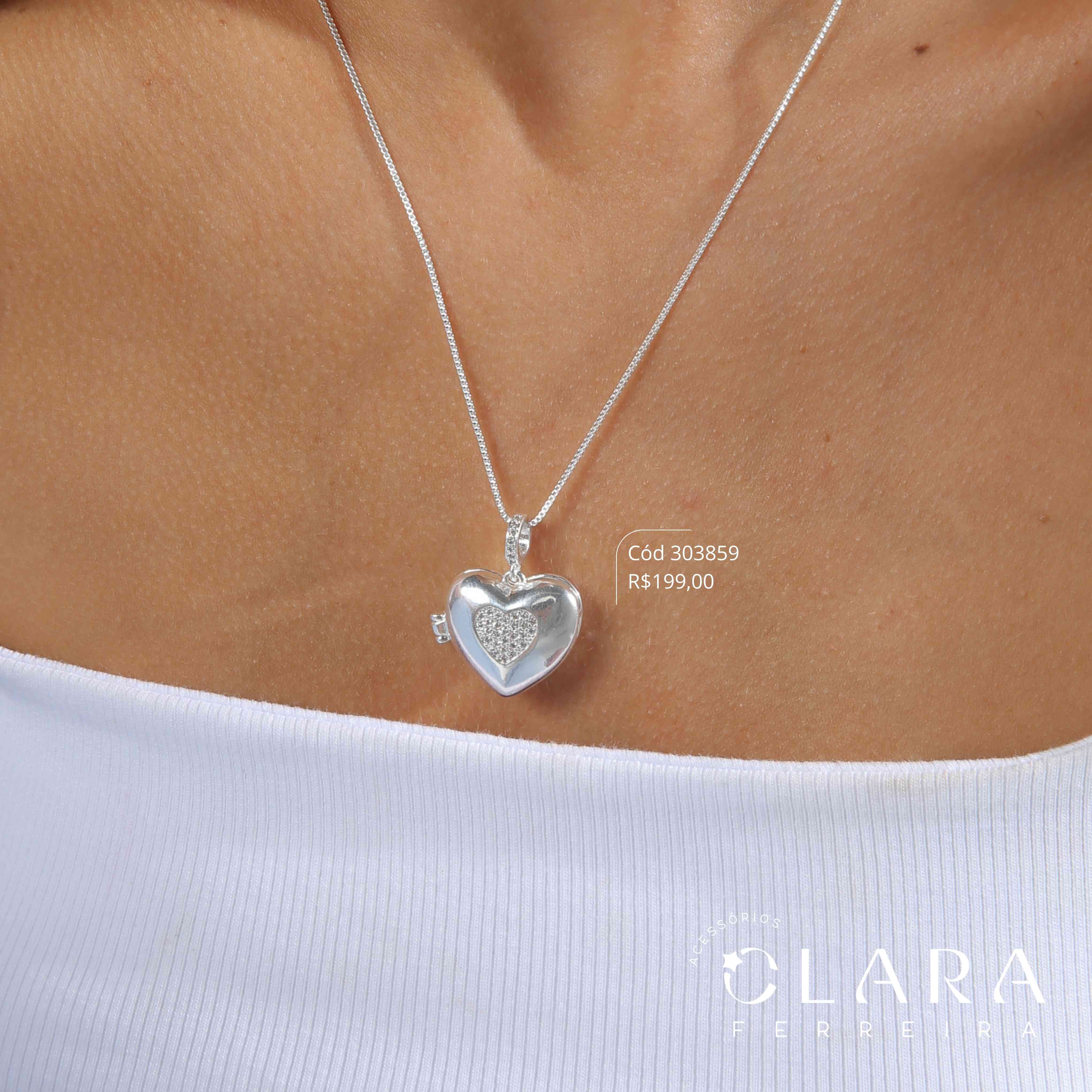 COLAR VENEZIANA C/ PINGENTE RELICÁRIO CORAÇÃO CORAÇÃO MICROZIRCÔNIAS - 20MM - 45CM - Banho de Prata