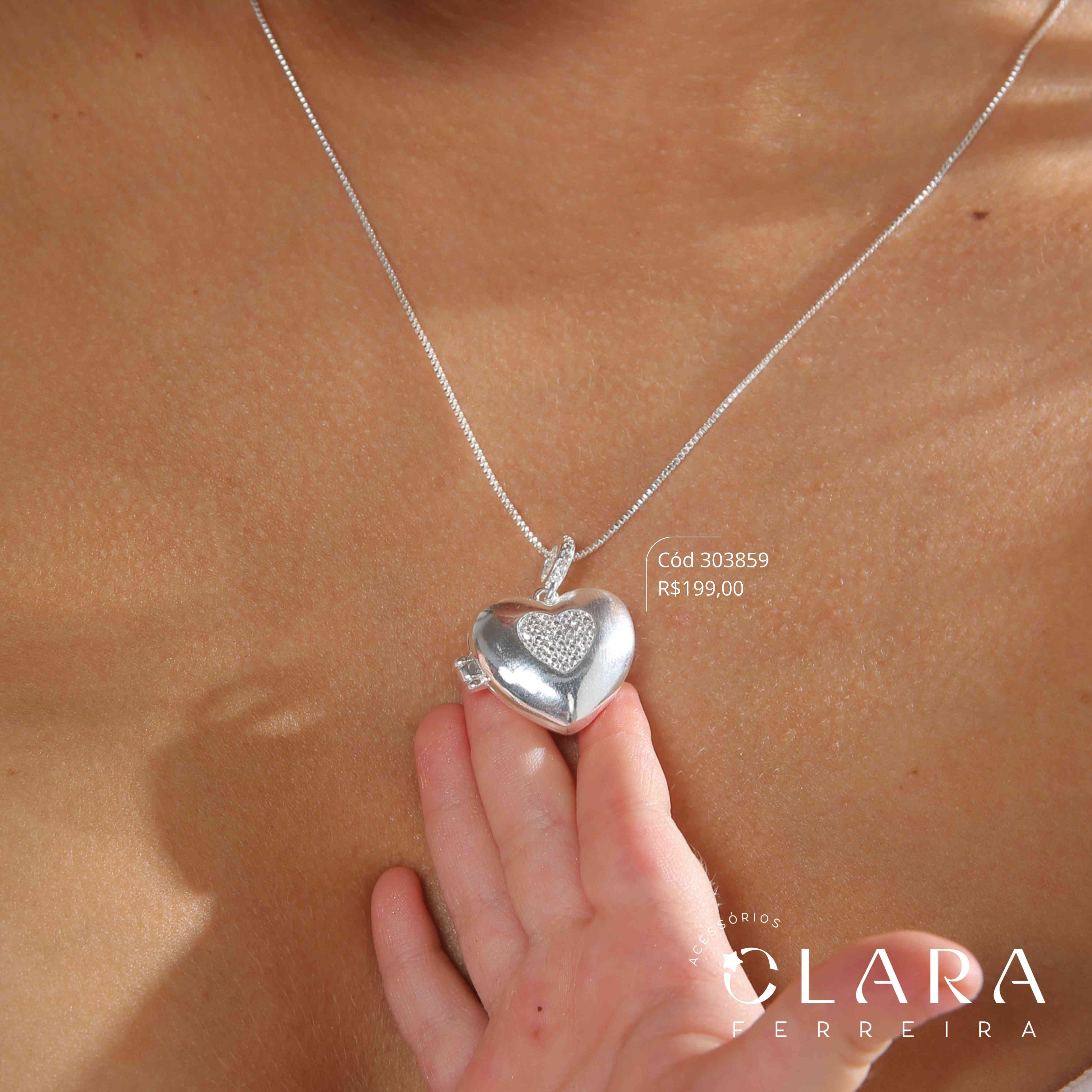 COLAR VENEZIANA C/ PINGENTE RELICÁRIO CORAÇÃO CORAÇÃO MICROZIRCÔNIAS - 20MM - 45CM - Banho de Prata