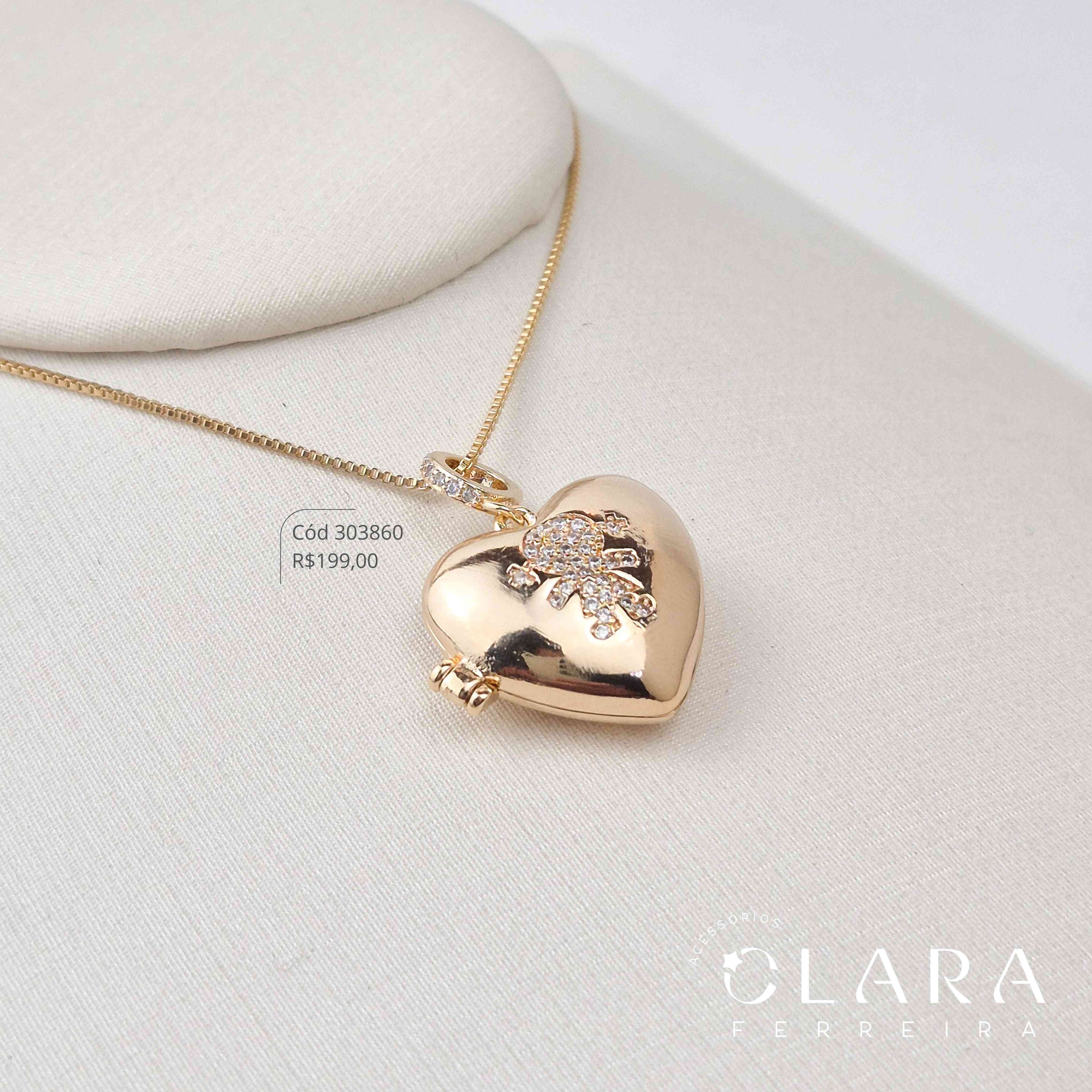 COLAR VENEZIANA C/ PINGENTE RELICÁRIO CORAÇÃO MENINA MICROZIRCÔNIAS - 20MM - 45CM - Dourado