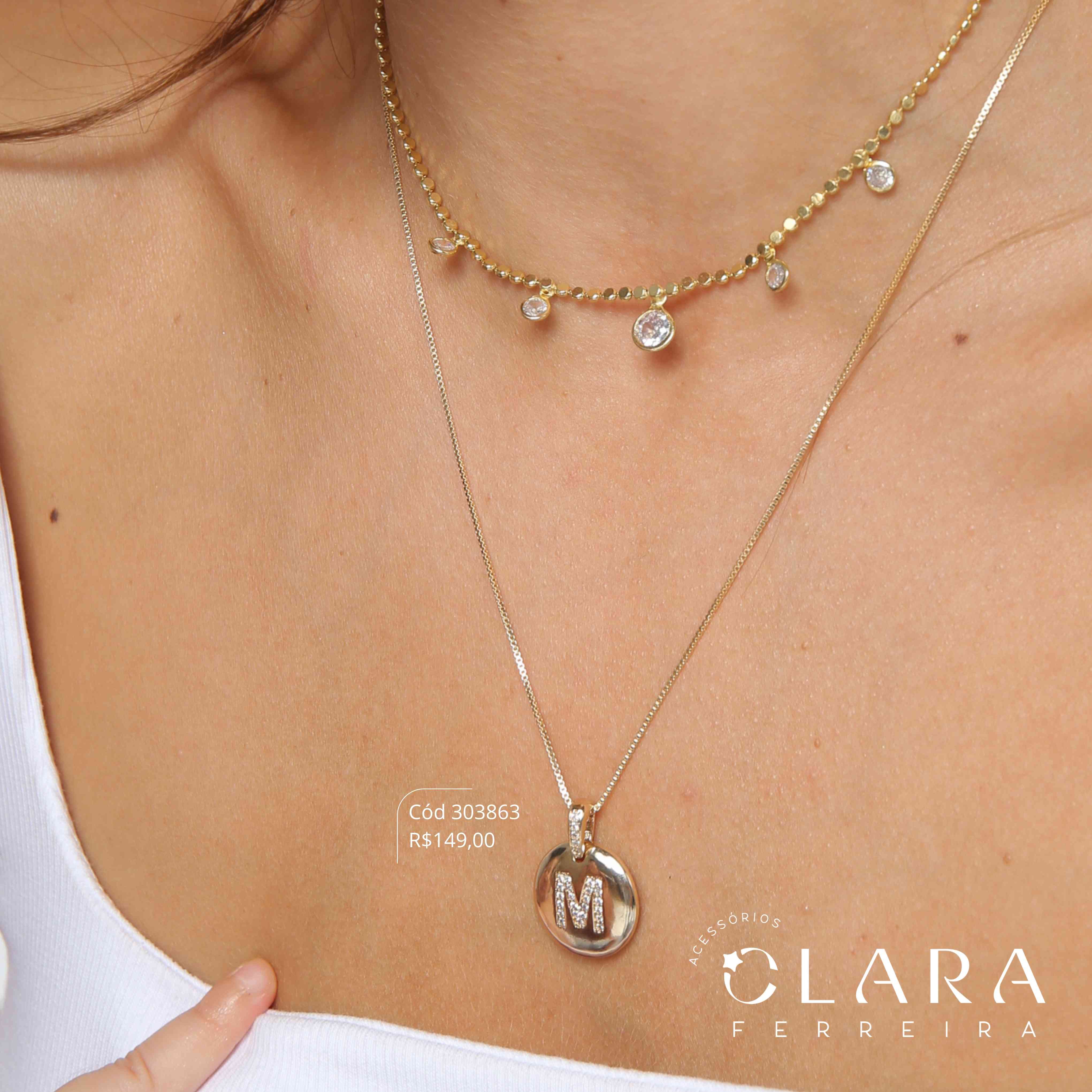 COLAR VENEZIANA C/ PINGENTE MEDALHA REDONDA LISA C/ LETRA MICROZIRCÔNIAS - 16MM - 45CM - Dourado