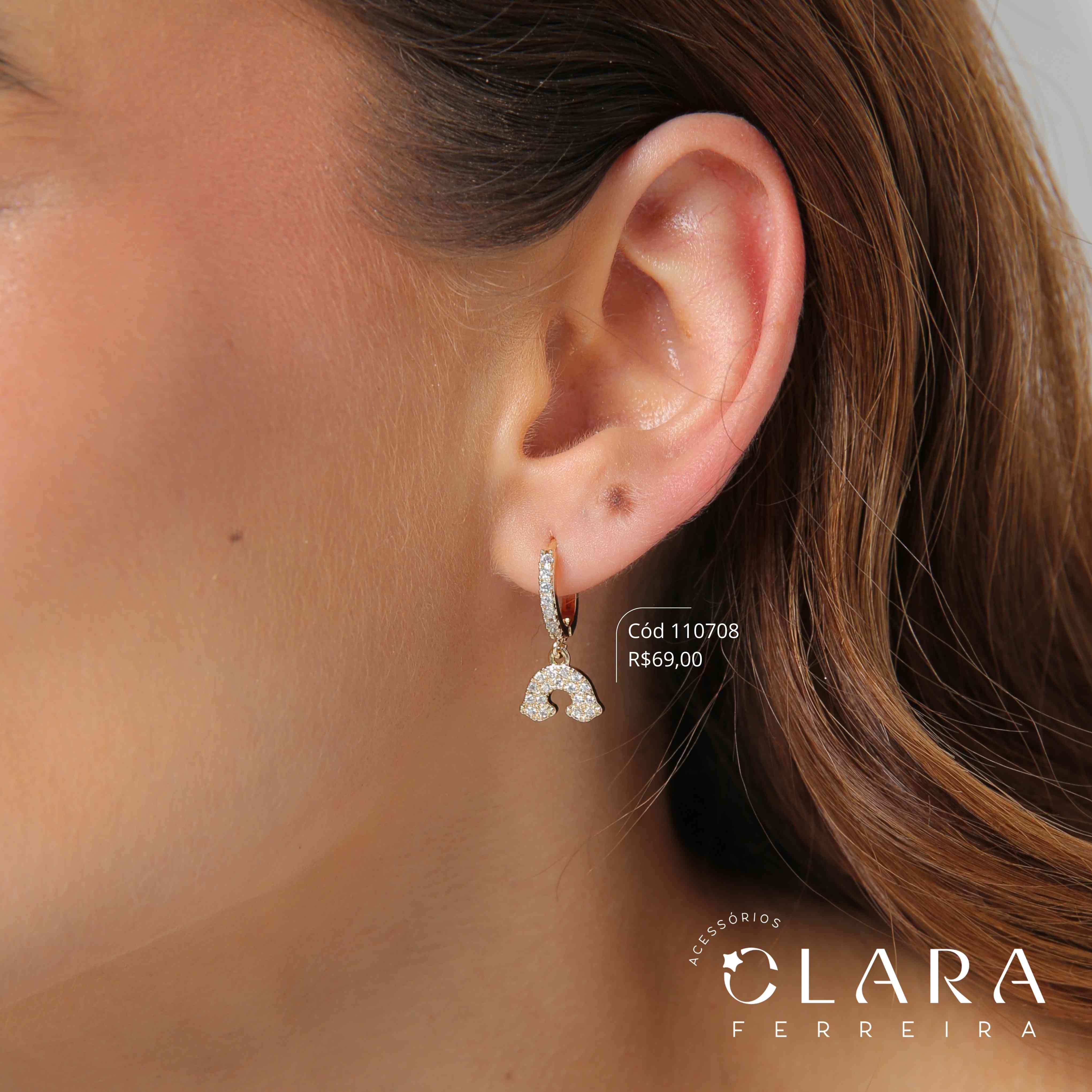 BRINCO INFANTIL ARGOLINHA CLICK 1 MICROZIRCÔNIAS C/ PINGENTE ARCO-IRES MICROZIRCÔNIAS PENDURADA 8MM - CLARINHA KIDS - Dourado