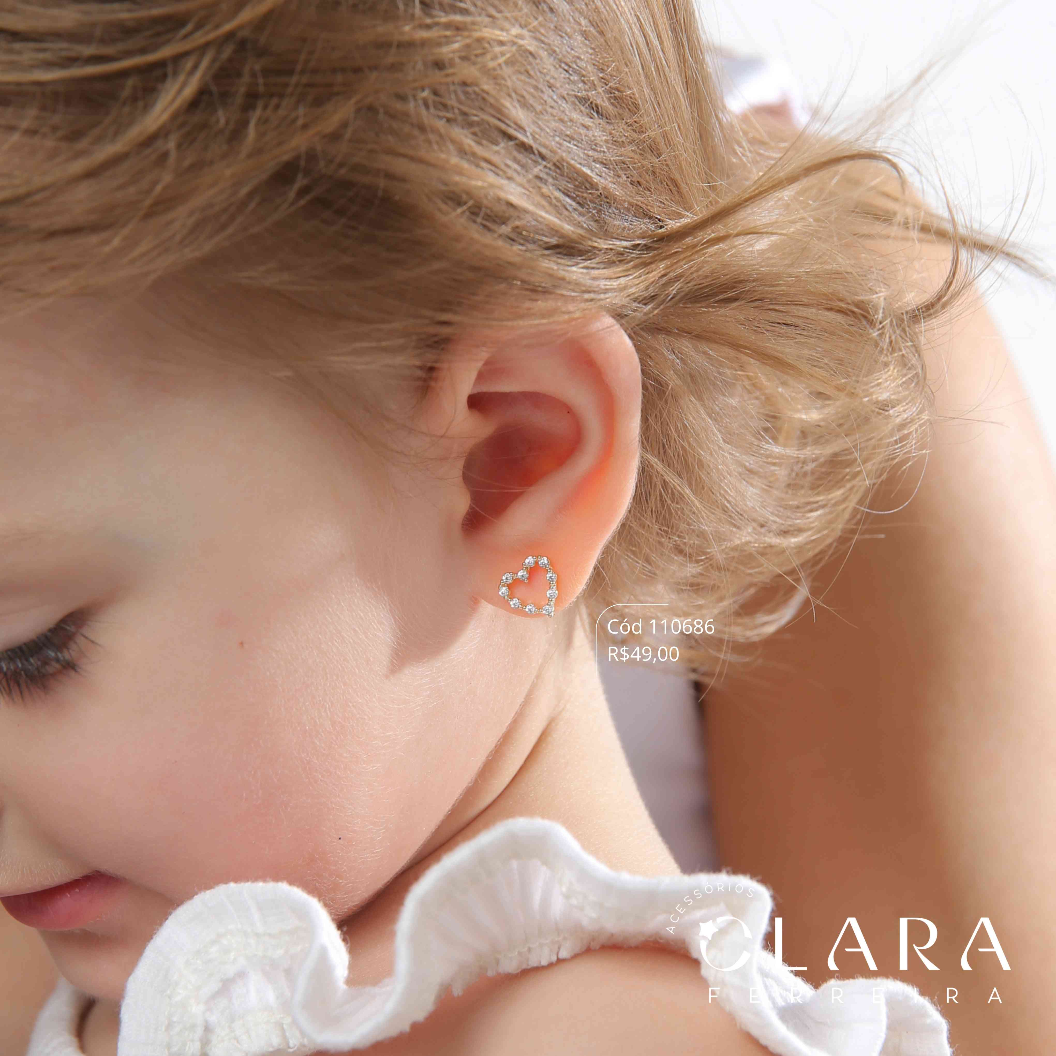 BRINCO INFANTIAL CORAÇÃO MICROZIRCÔNIAS VAZADO - CLARINHA KIDS - 9MM - Dourado