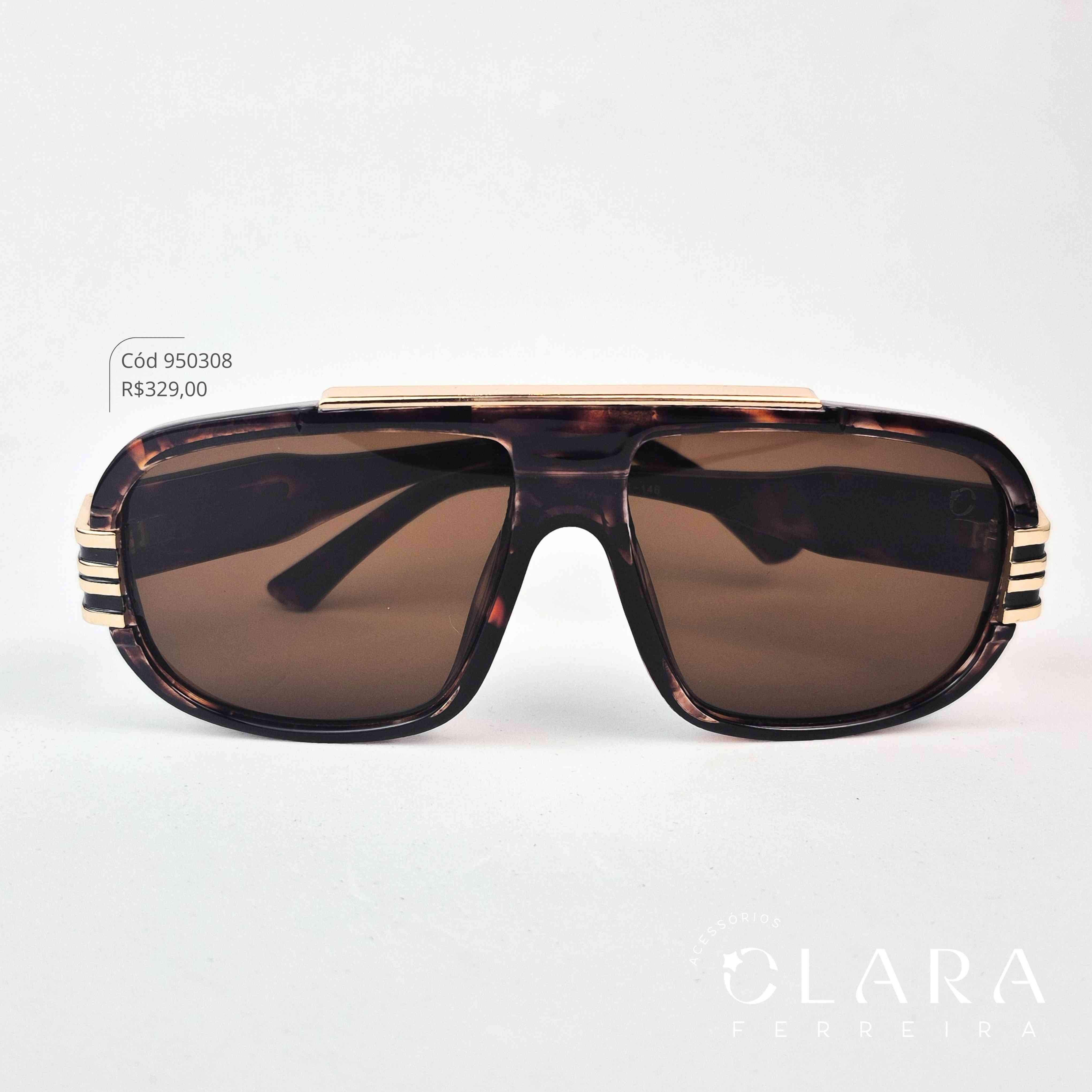 Óculos Solar MÁSCARA C/ HASTES COM DETALHE EM METAL – INSPIRAÇÃO GUCCI - Lente Resina - LH279-MARROM