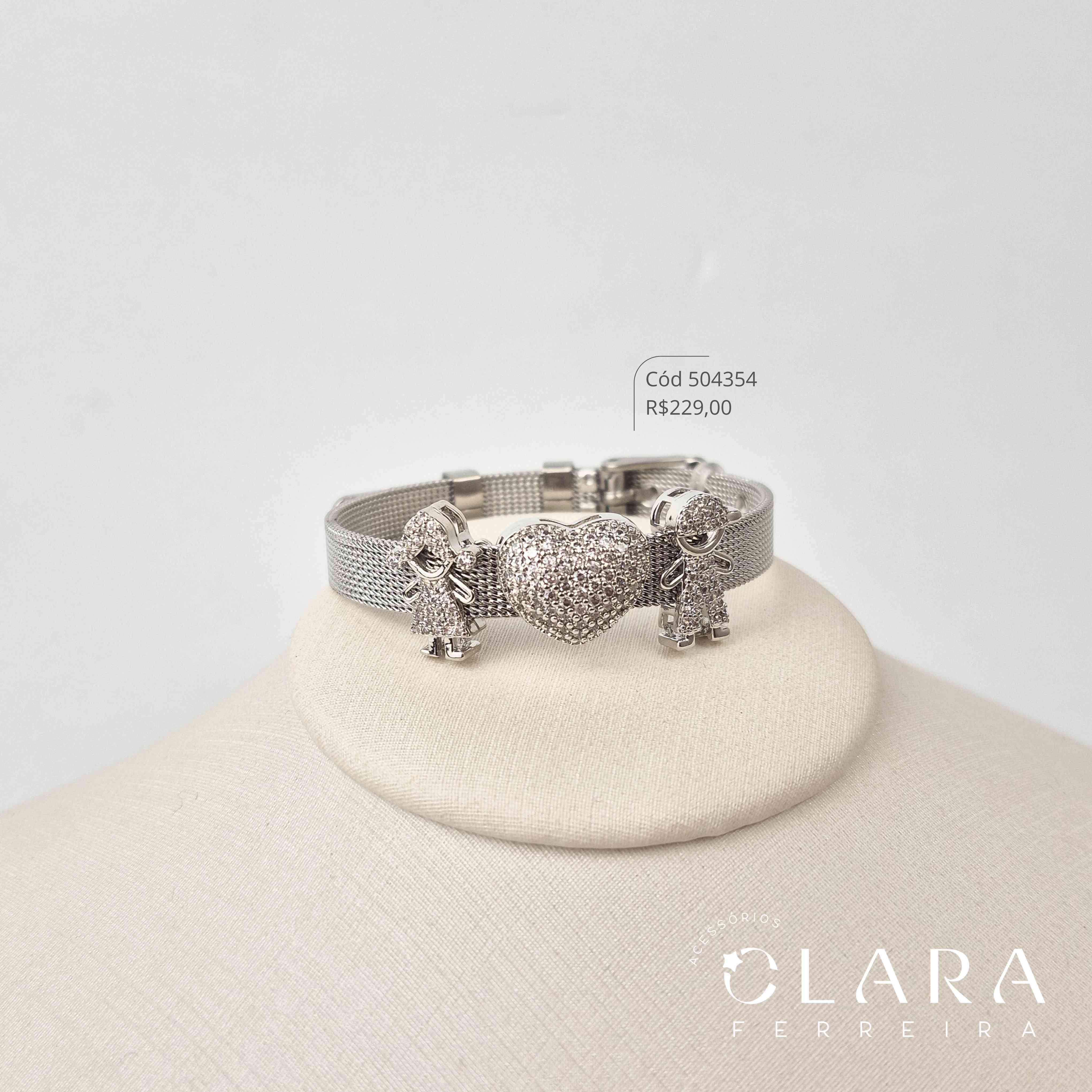 PULSEIRA ESTILO RELÓGIO MALHA PIPOCA C/ CASAL DE FILHOS MICROZIRCÔNIAS 16MM C/ CORAÇÃO MICROZIRCÔNIAS 13MM – INSPIRAÇÃO VIVARA - 19CM - Aço