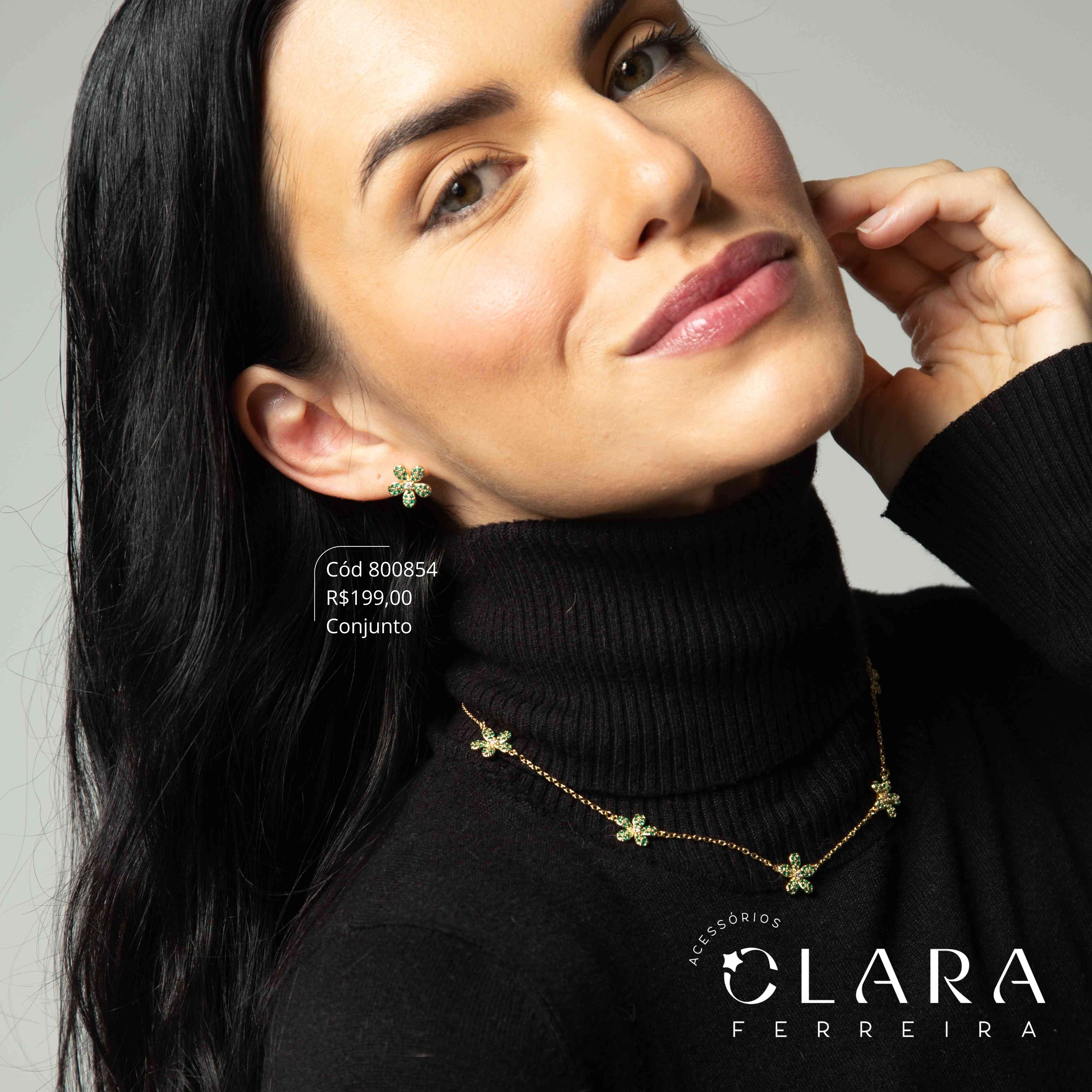 CONJUNTO COLAR ELOS C/ 5 FLORES 5 PETALAS MICROZIRCÔNIAS C/ BRINCO FLOR 5 PETALAS MICROZIRCÔNIAS - 12MM - 45CM - Dourado