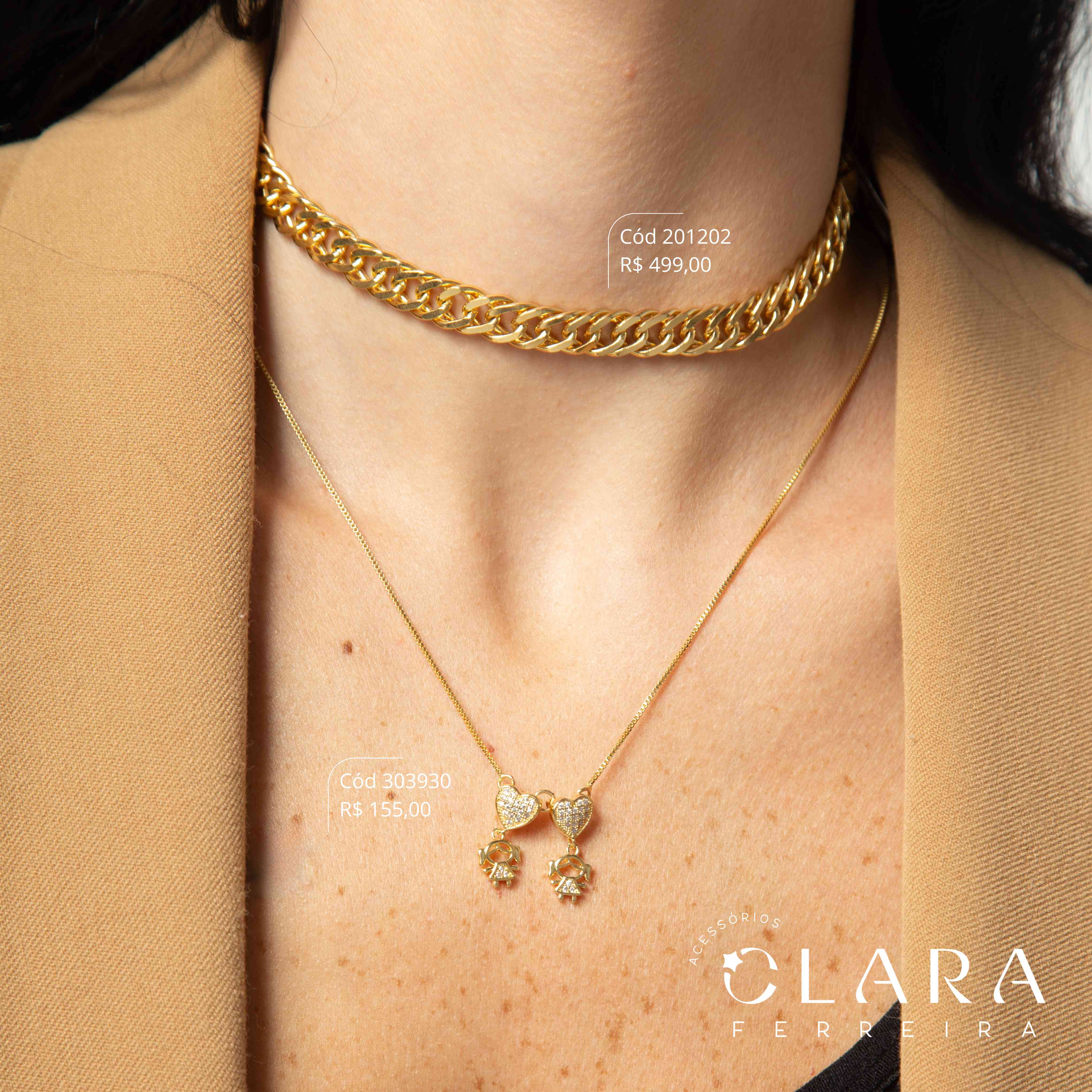 COLAR VENEZIANA C/ PINGENTE 2 CORAÇÕES CHUVEIRINHOS MICROZIRCÔNIAS C/ 2 MENINAS VAZADAS C/ ROUPINHA MICROZIRCÔNIAS - 20MM - 45CM - Dourado