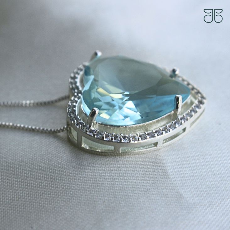 CONJUNTO PEDRA CORAÇÃO AZUL ACQUA PRATA