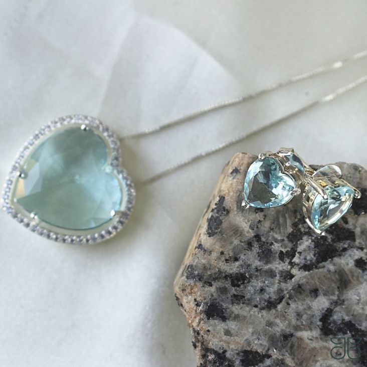 CONJUNTO PEDRA CORAÇÃO AZUL ACQUA PRATA