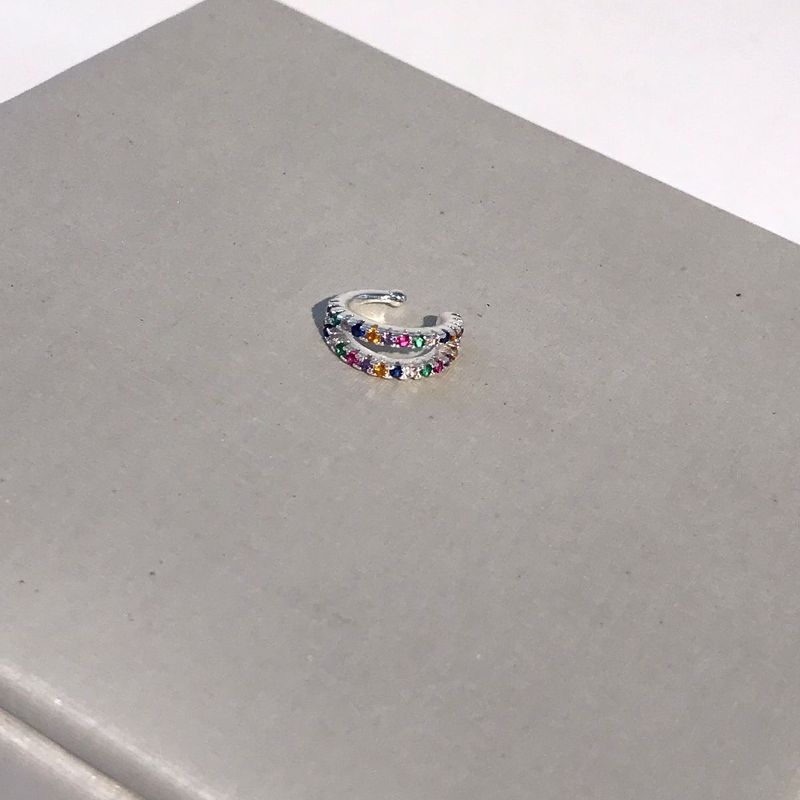 FAKE PIERCING DUPLO ZIRCÔNIA COLORIDA BANHADO A PRATA