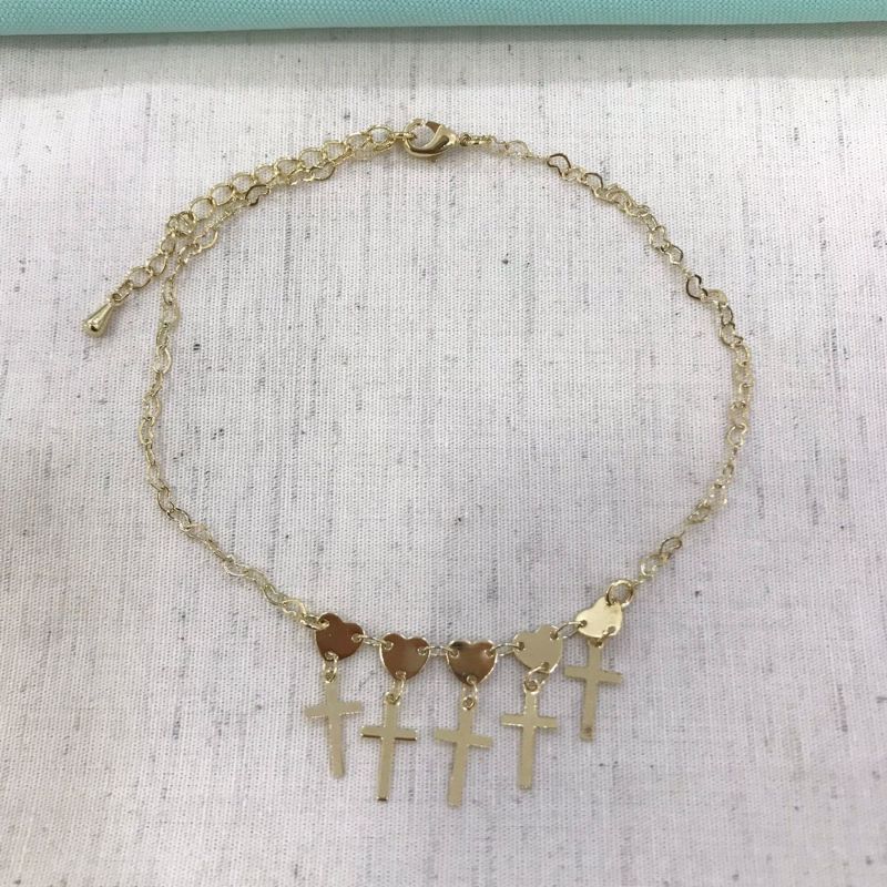 TORNOZELEIRA CORAÇÃO FÉ BANHADO A OURO