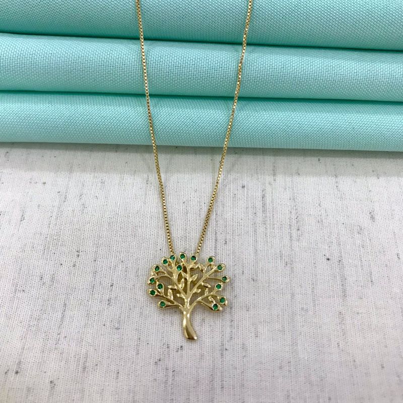 COLAR ÁRVORE DA VIDA ZIRCÔNIA VERDE BANHADO A OURO