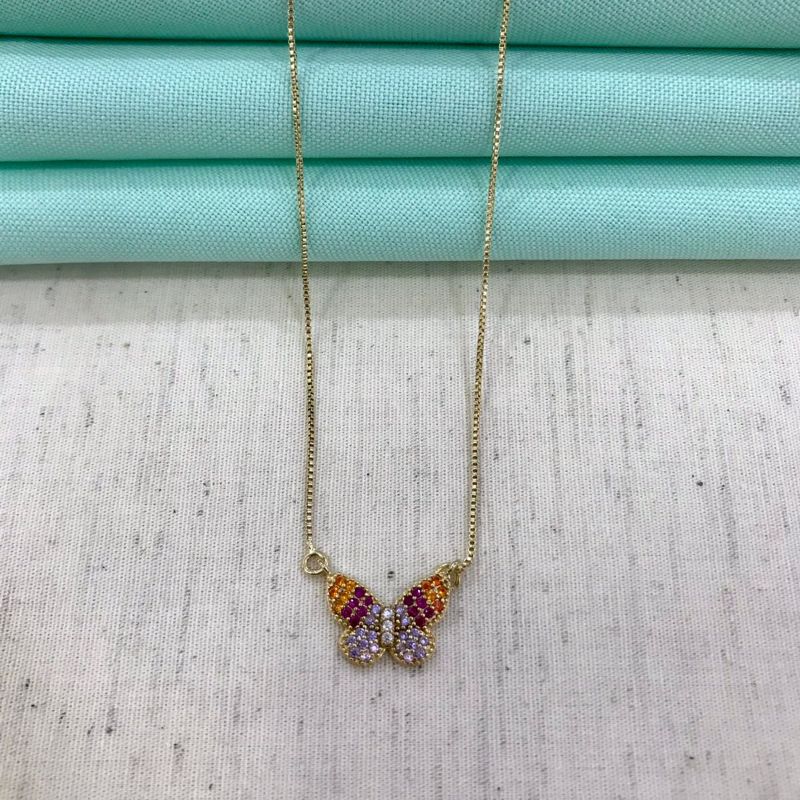 COLAR BORBOLETA ZIRCÔNIA COLORIDA BANHADO A OURO