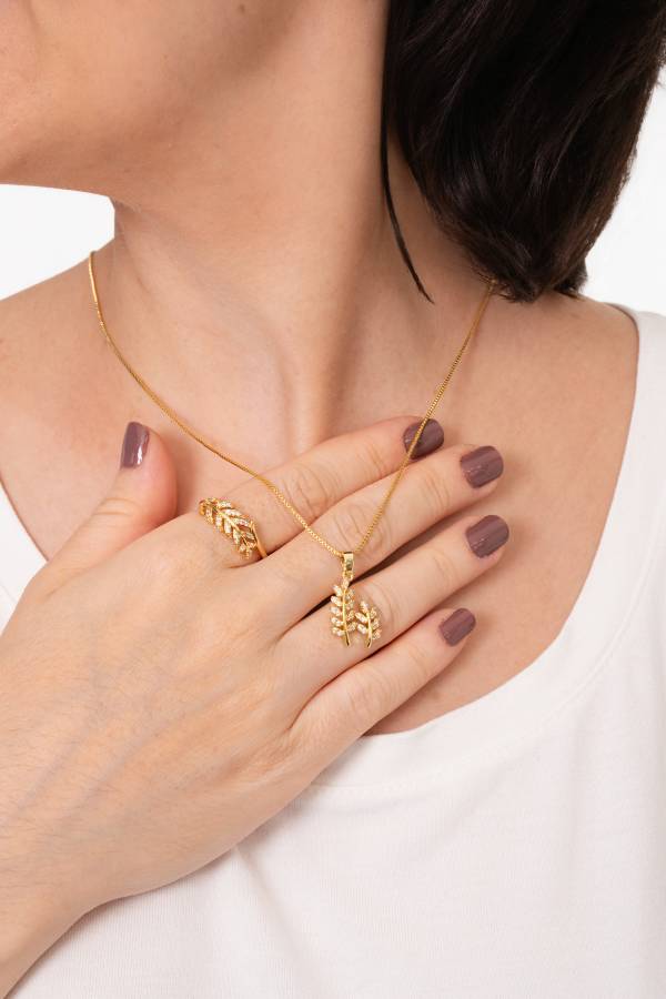 CONJUNTO FOLHAS ZIRCÔNIA BANHADO A OURO