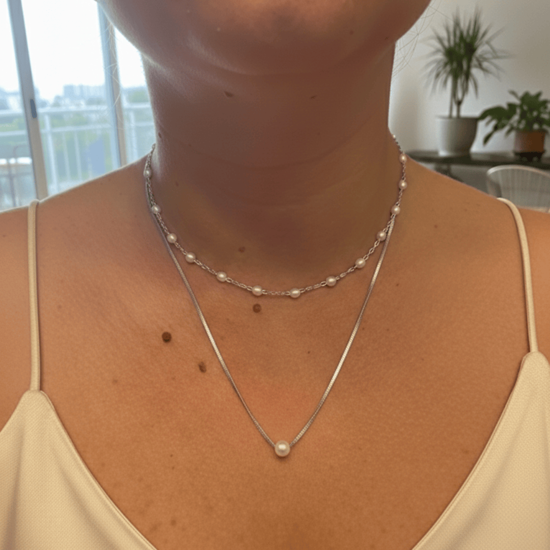 Colar Choker Pérola Coração 40cm Delicado Banho Ródio Branco