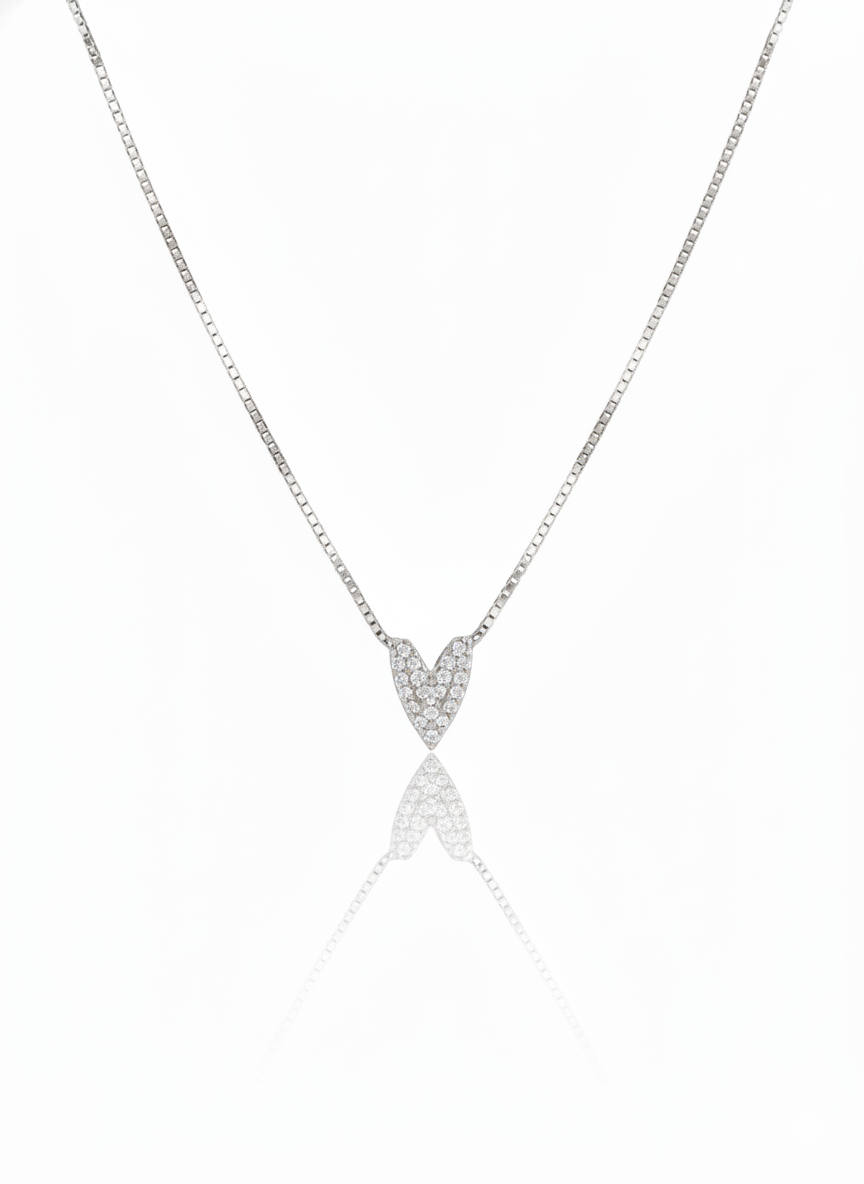 Colar Coração Cravejado Zircônias Jardim Secreto 45cm Banhado a Ródio Branco