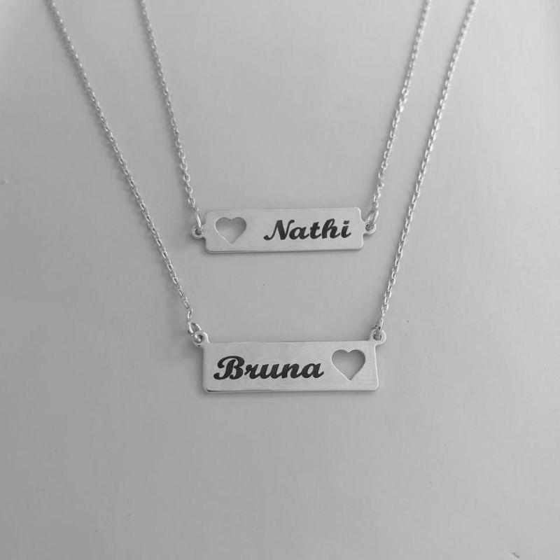 Colar de Nome Personalizado Coração Vazado Adulto 45cm Banhado Ródio Branco