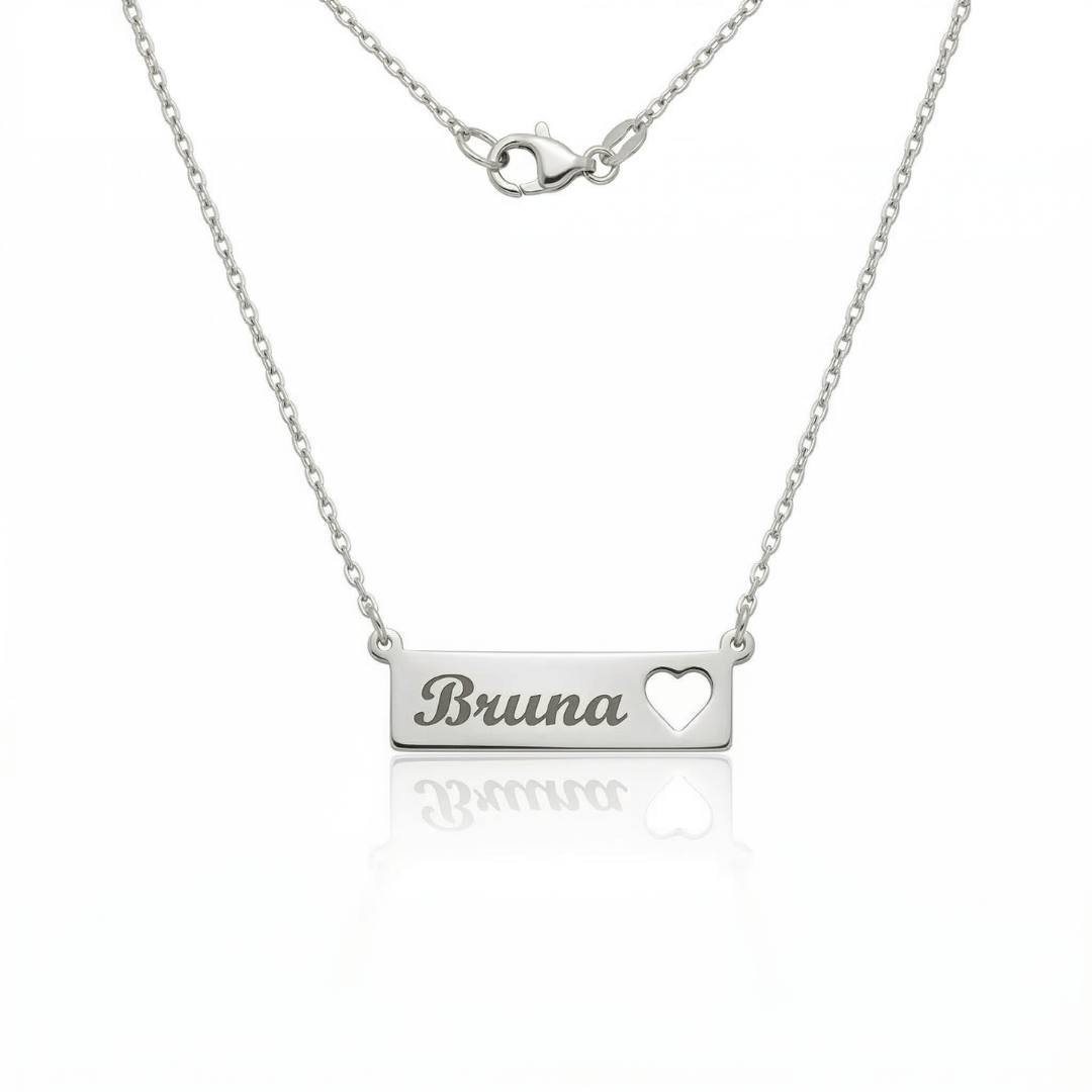 Colar de Nome Personalizado Coração Vazado Adulto 45cm Banhado Ródio Branco