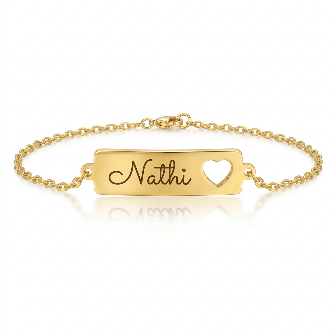 Pulseira de Nome Personalizado Coração Vazado Adulto Banhada a Ouro 18k