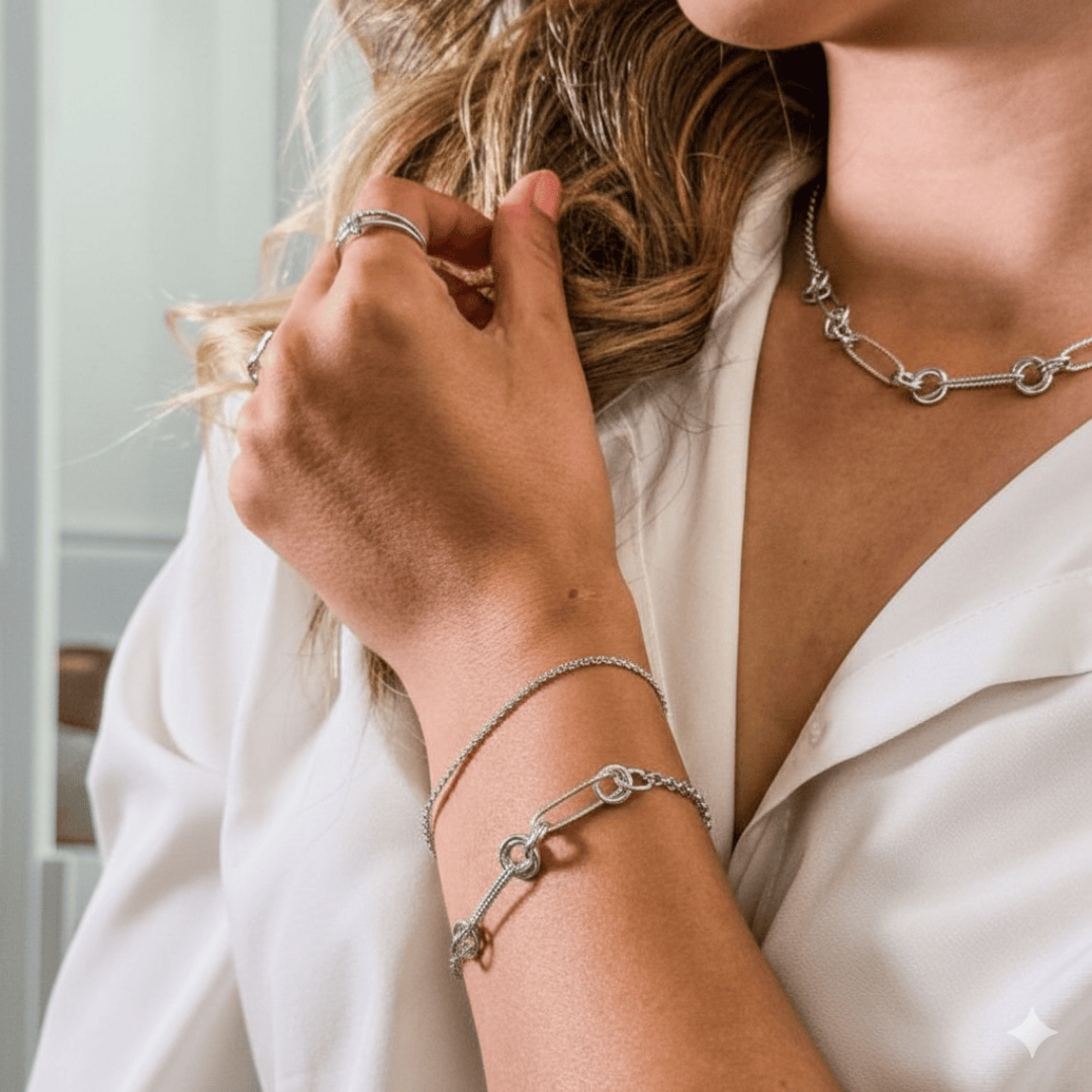 Pulseira Aura Elos e Nó Texturizado Banho Ródio Branco