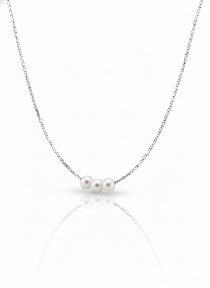 Colar Aura Veneziana com Trio de Pérolas Banho Ródio Branco
