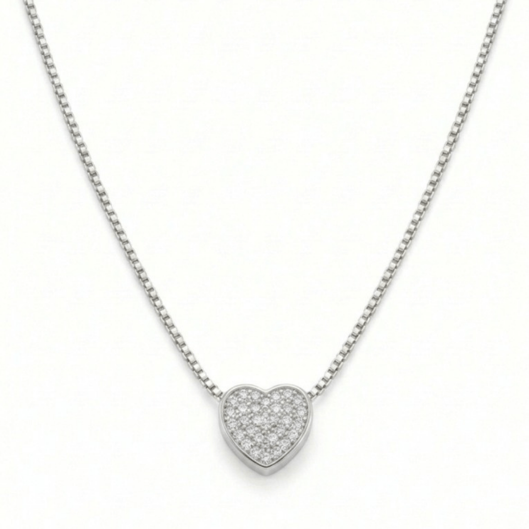 Colar Coração Cravejado Zircônias Coleção Aura 45cm Banho Ródio Branco