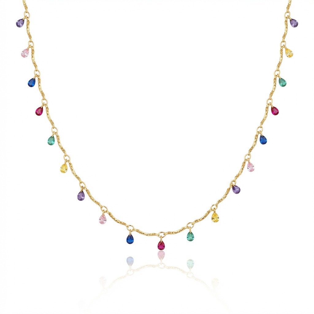 Colar Choker Arco-Íris Zircônias Coloridas 40cm Banhada a Ouro 18k