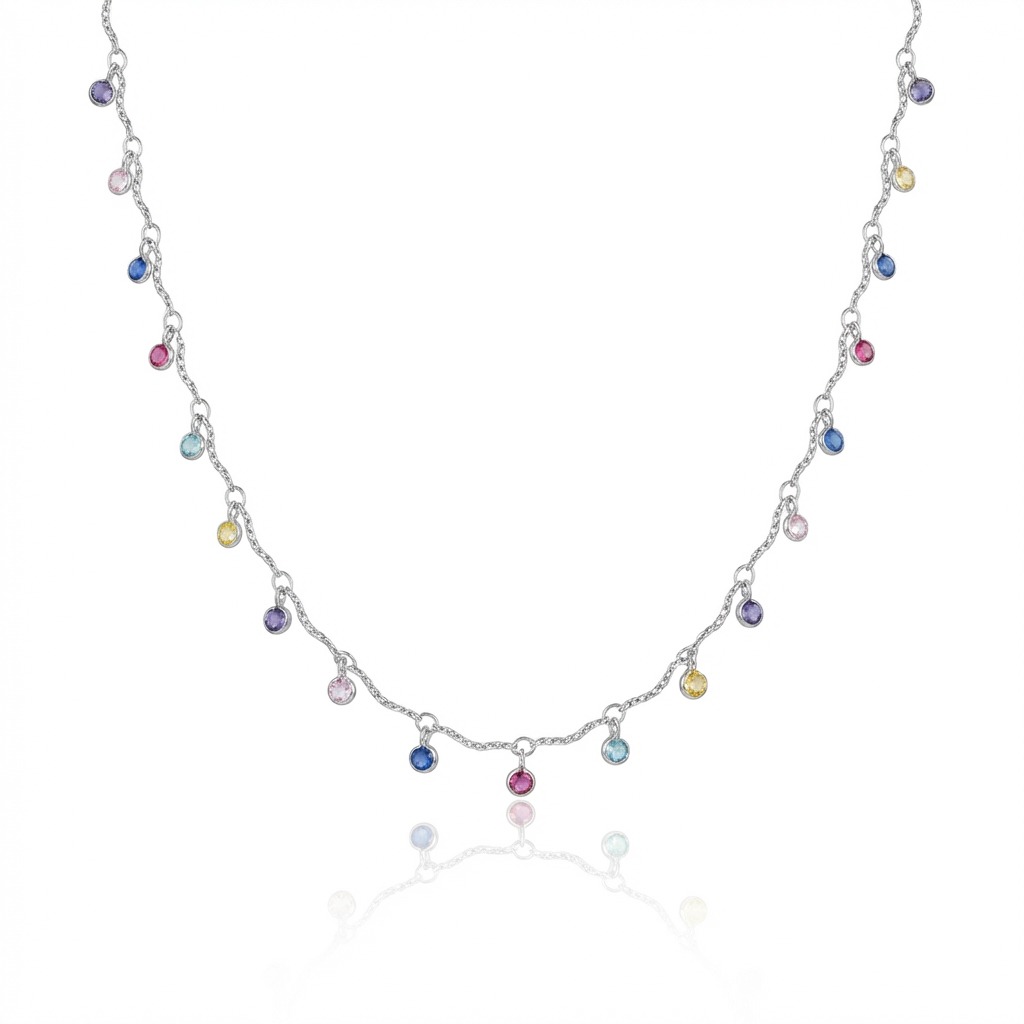 Colar Choker Arco-Íris Zircônias Coloridas 40cm Banhada a Ródio Branco