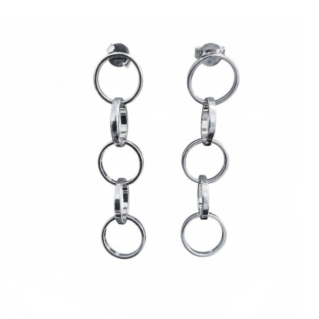 Brinco Geométrico de Círculos Pendurados Sunshine Banhado em Ródio Branco