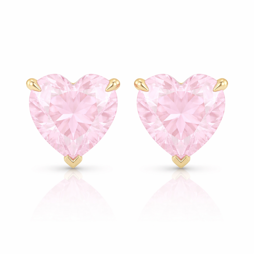 Brinco Coração Zircônias Quartzo Rosa Banhado a Ouro 18k