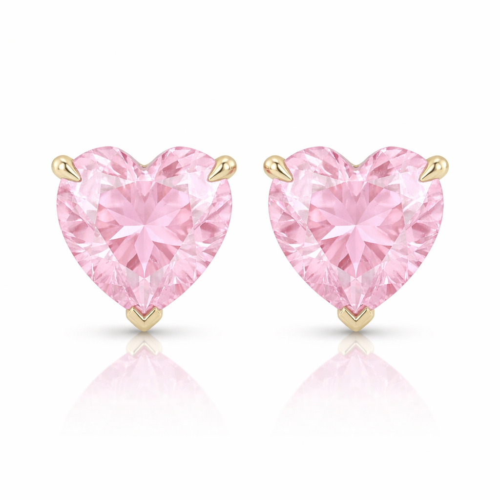 Brinco Coração Zircônias Quartzo Rosa Banhado a Rodio Branco