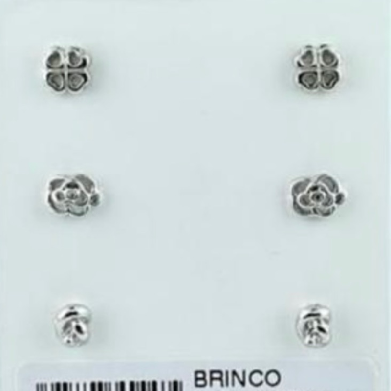 TRIO BRINCO FLORZINHA RODIO BRANCO COR PRATA