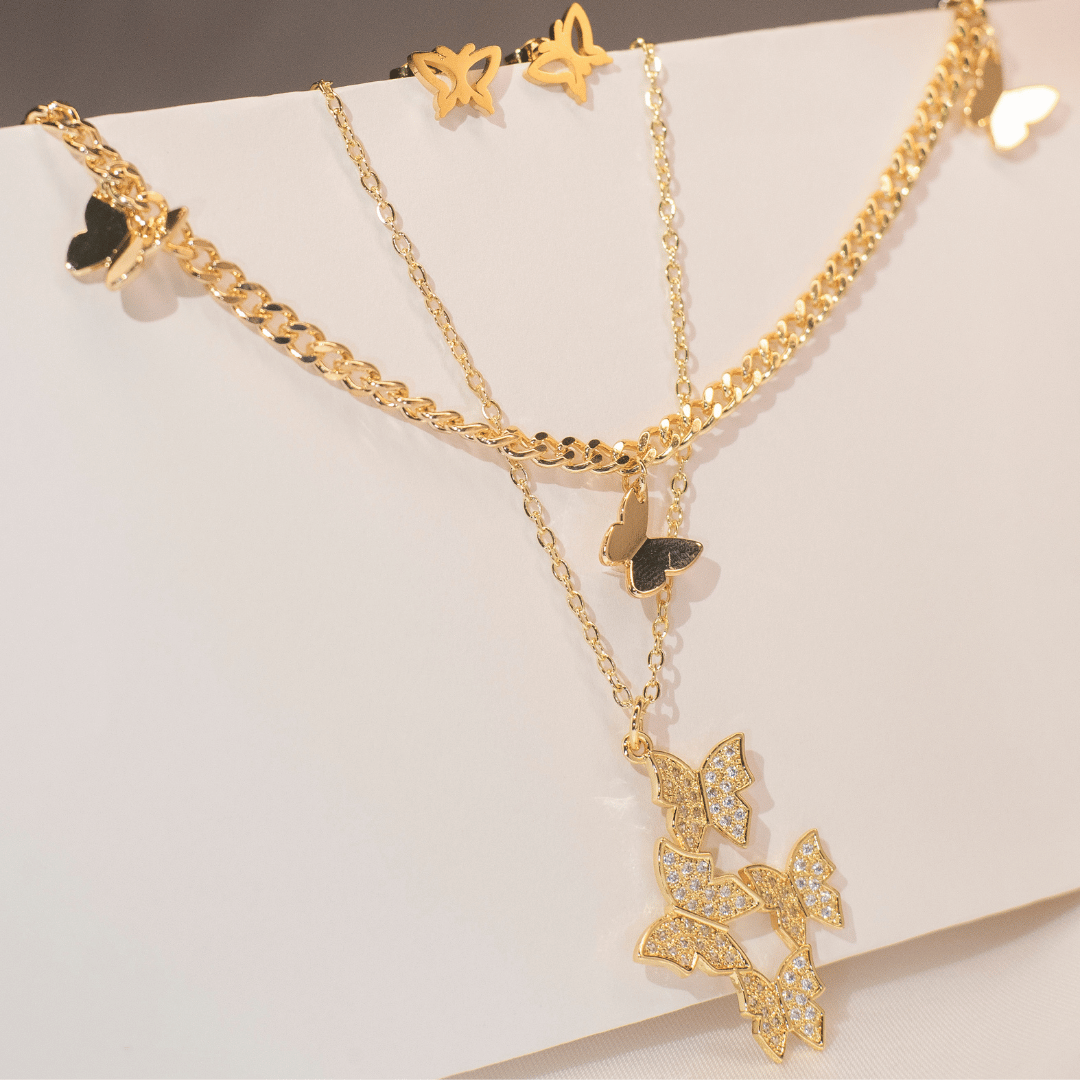 Conjunto Borboleta Cravejada - Aço Inox com Banho