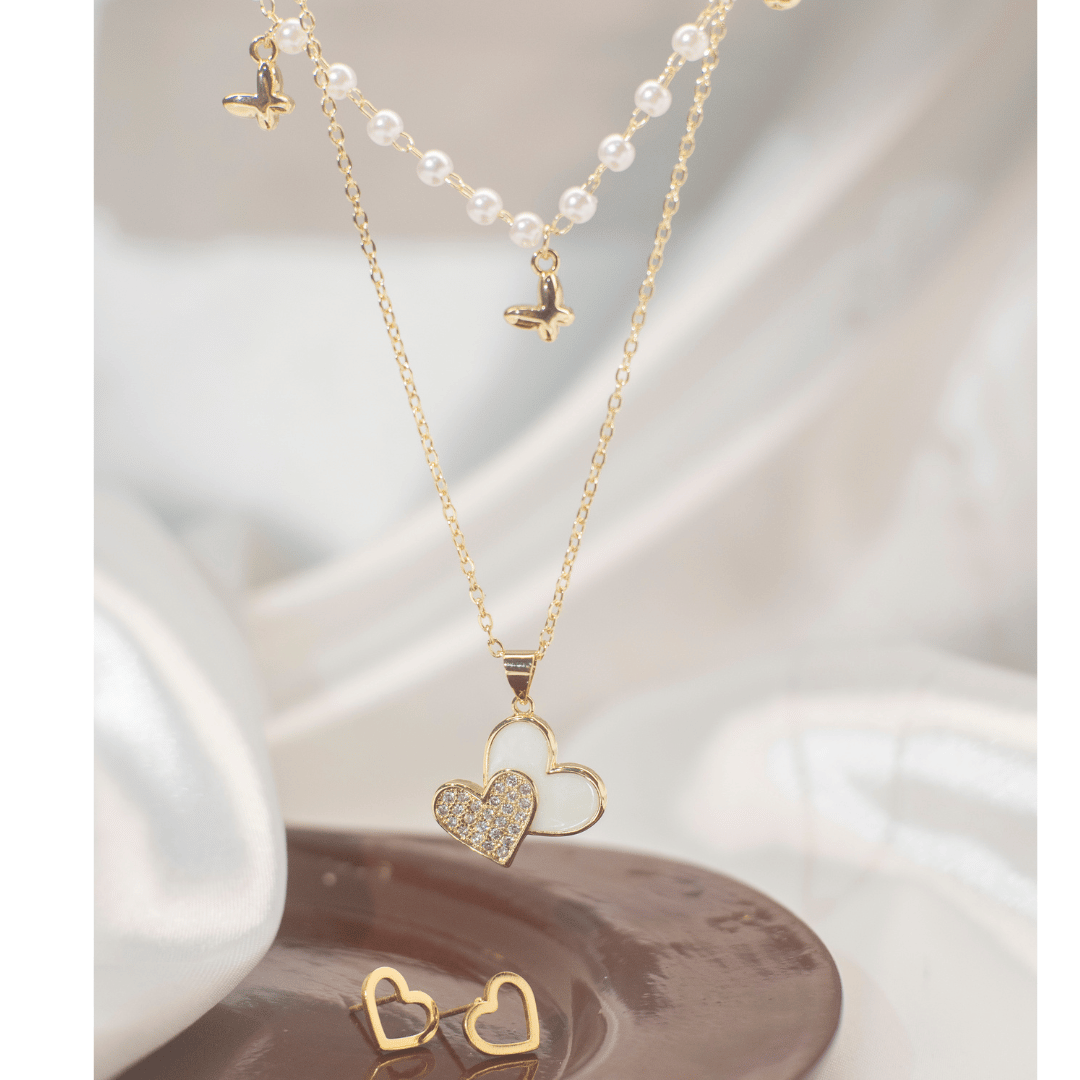 Conjunto de Pérola com coração - Aço Inox com Banho