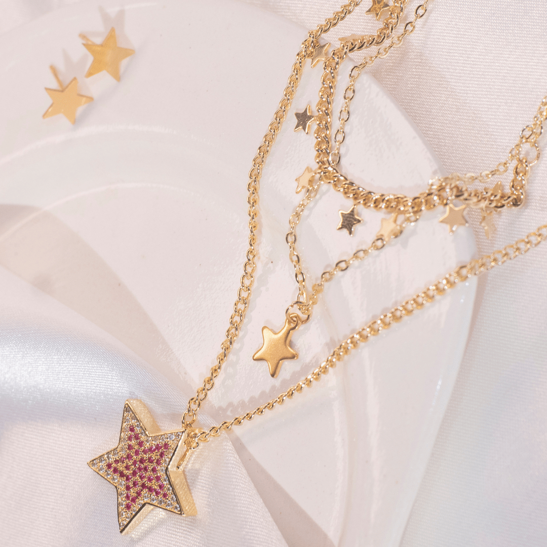 Conjunto Estrela Cravejada - Aço Inox com Banho