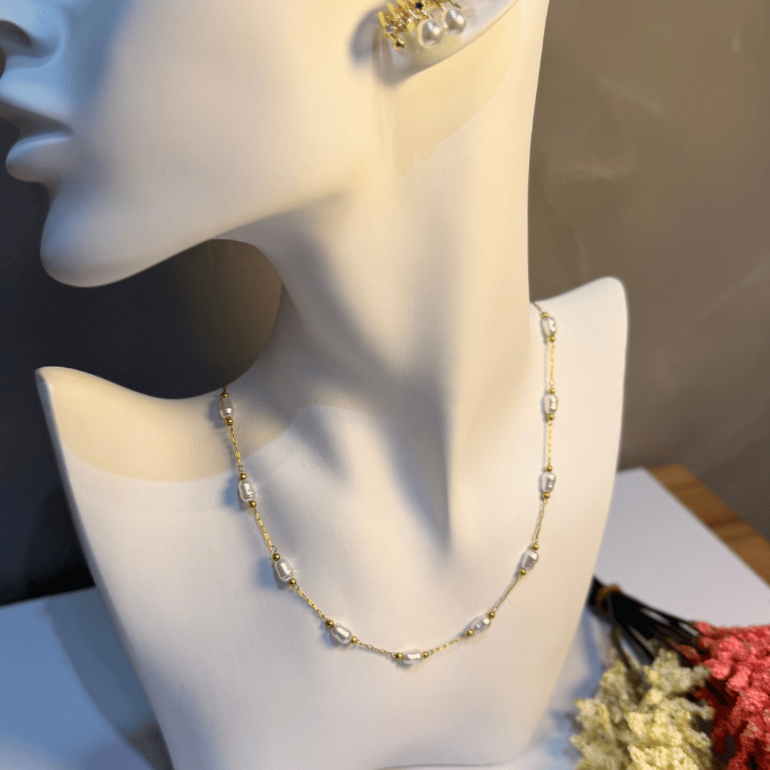 Colar Pérolas Agua doce - Aço com Banho