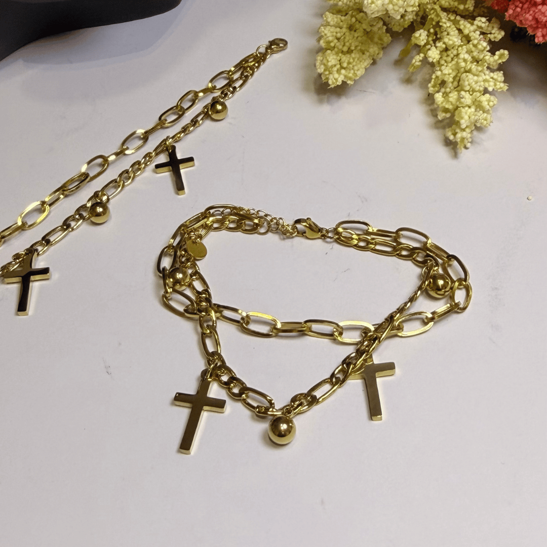 Pulseira de Dupla Elos pingente Cruz - Aço com Banho de Ouro