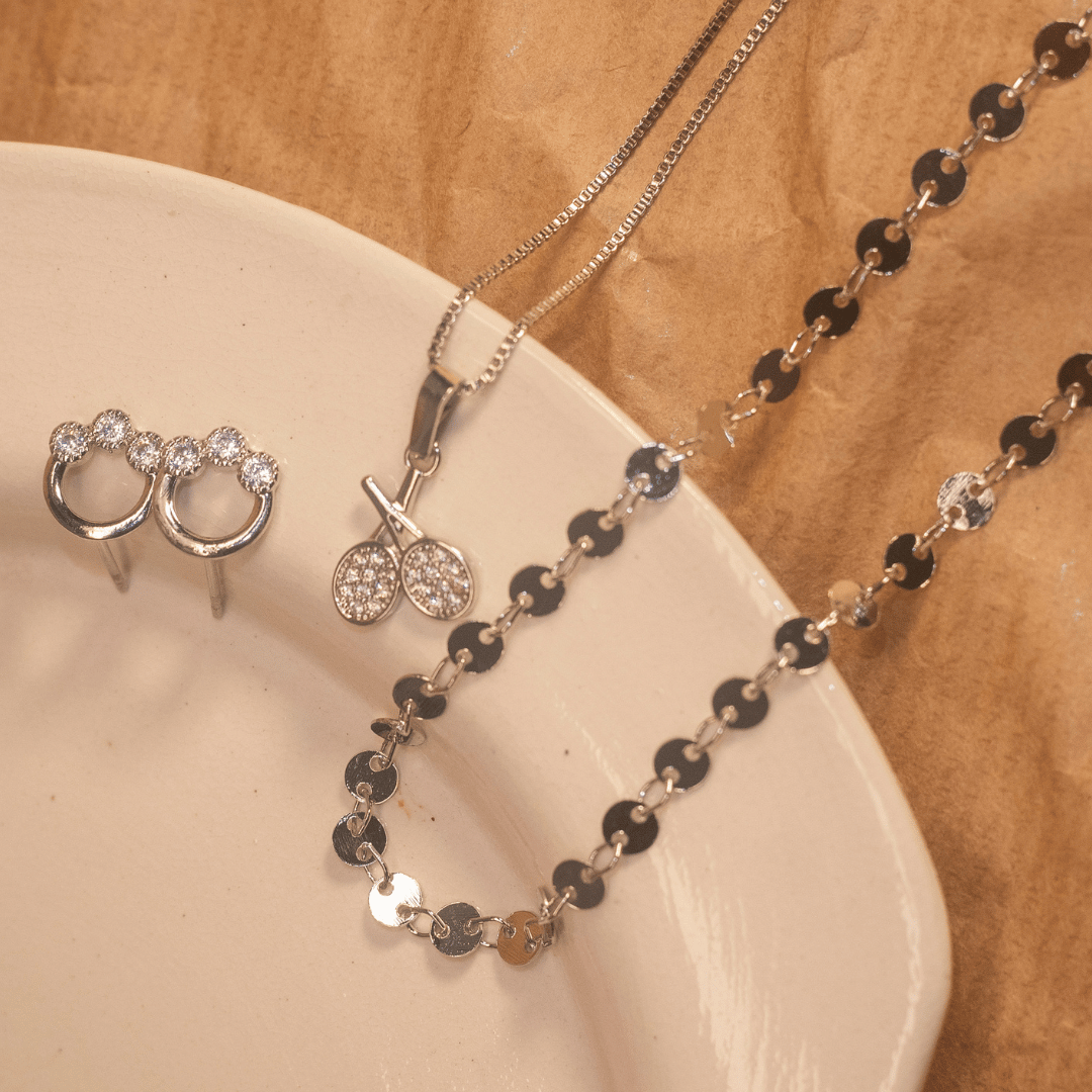 Conjunto Choker e veneziana Pingente Raquete - Banho de Rodio