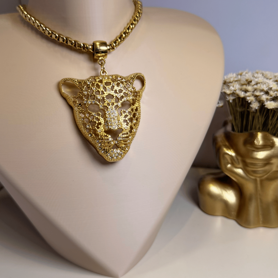 Colar Leopardo corrente Elo Português - Banho de ouro