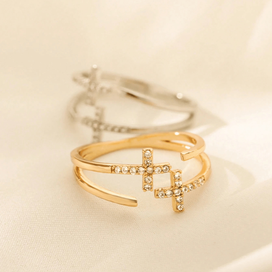 Anel Cruz Cravejada Ajustável - Aço Inox com Banho