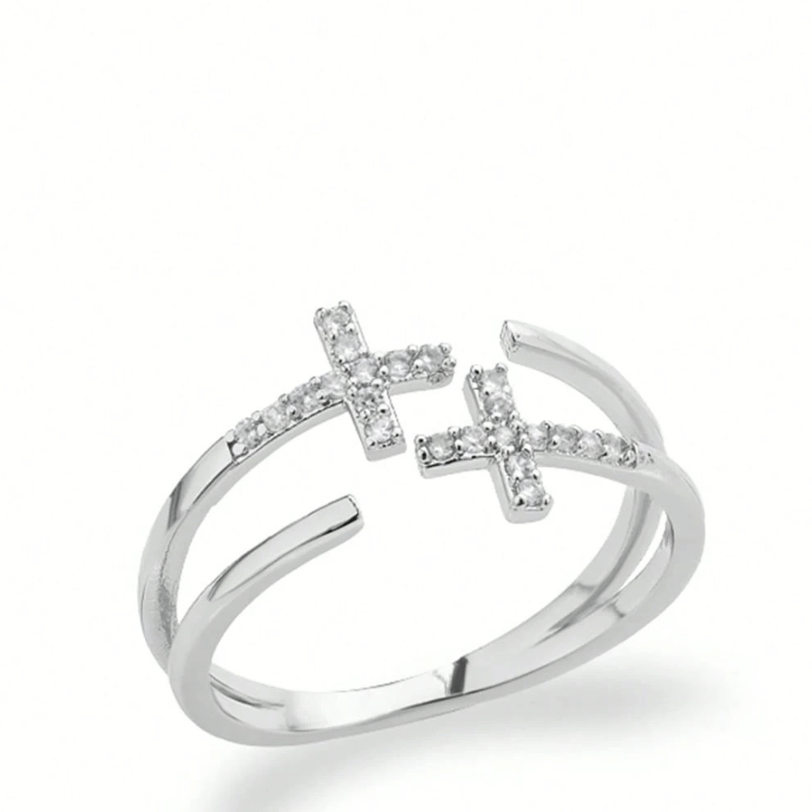 Anel Cruz Cravejada Ajustável - Aço Inox com Banho