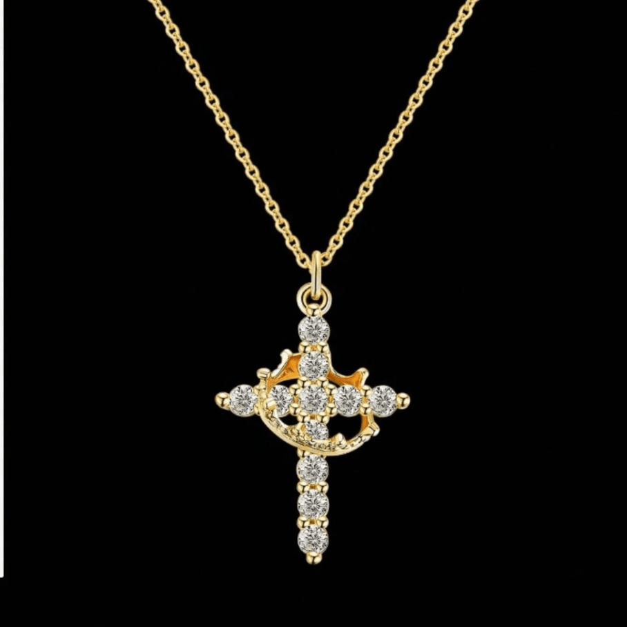 Colar com Pingente de Coroa e Cruz Cravejada  - Aço com Banho